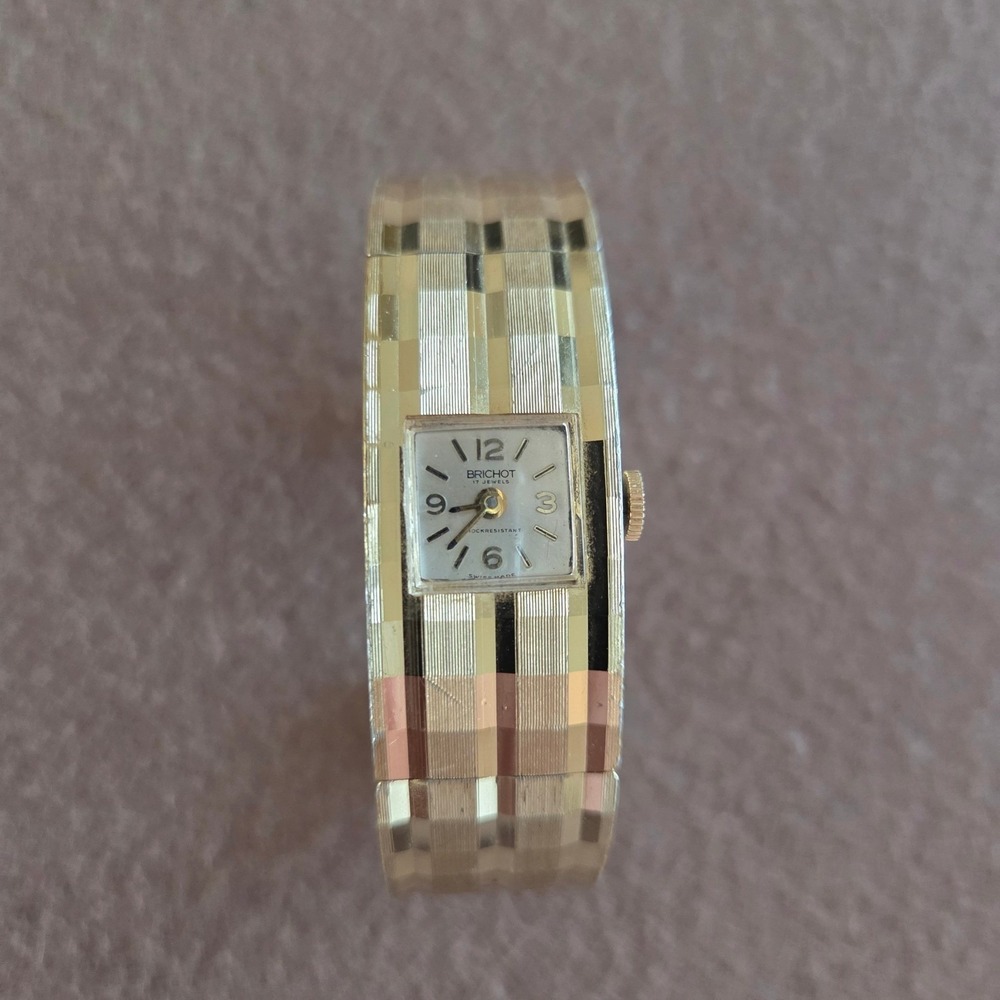 Vintage Brichot 17 Jewels Swiss Made Gold Tone Textured Cuff Bracelet Watch